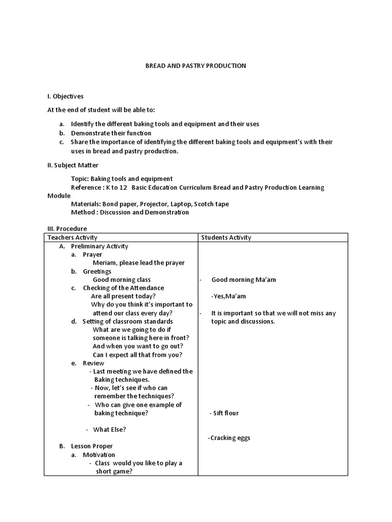 Bread And Pastry Production Demo Dlp Q2 Modified For Gifted Pdf