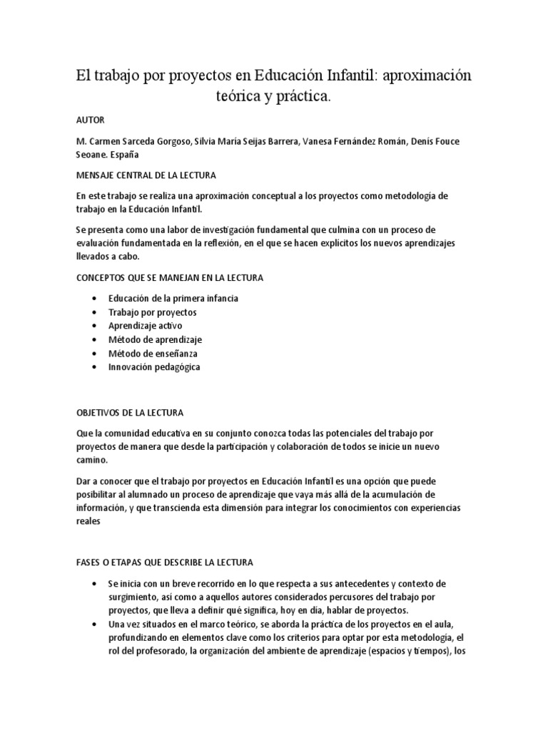 El Trabajo Por Proyectos en Educación Infantil | PDF | Aprendizaje ...