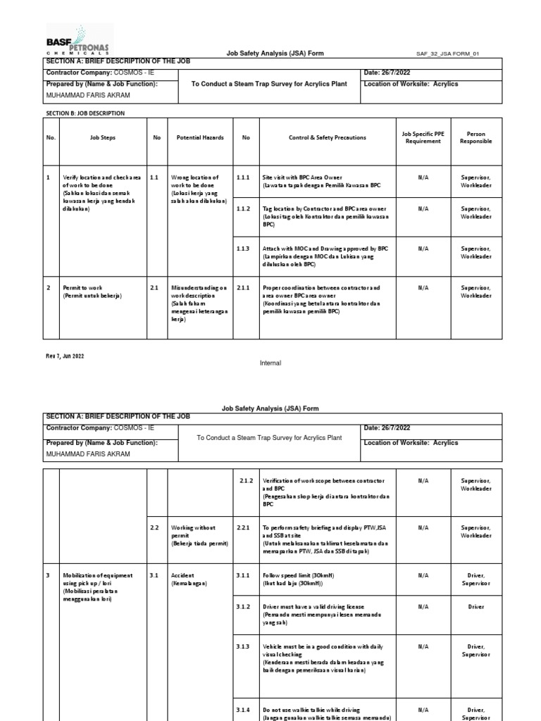 JSA Form - Rev 7 - Jun 2022 - Final | PDF | Personal Protective ...