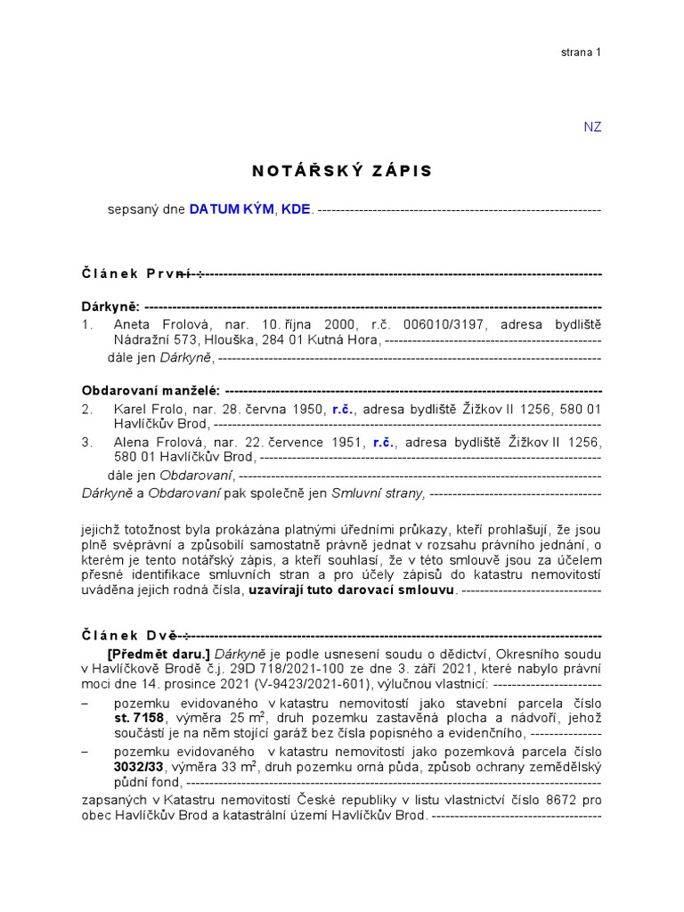 Notářský Zápis: Datum KÝM KDE | PDF
