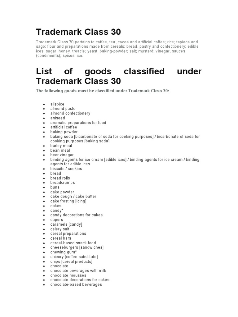 Trademark Class 30 The Following Goods Must Be Classified Under