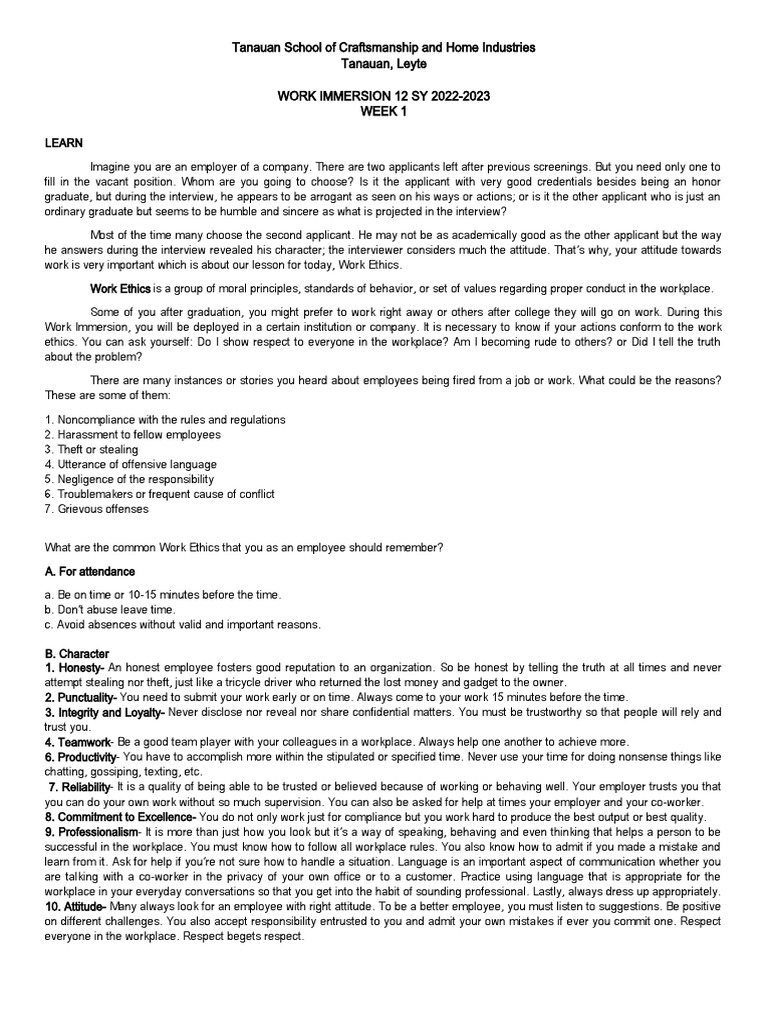Essential Work Ethics for Success | PDF | Occupational Safety And ...