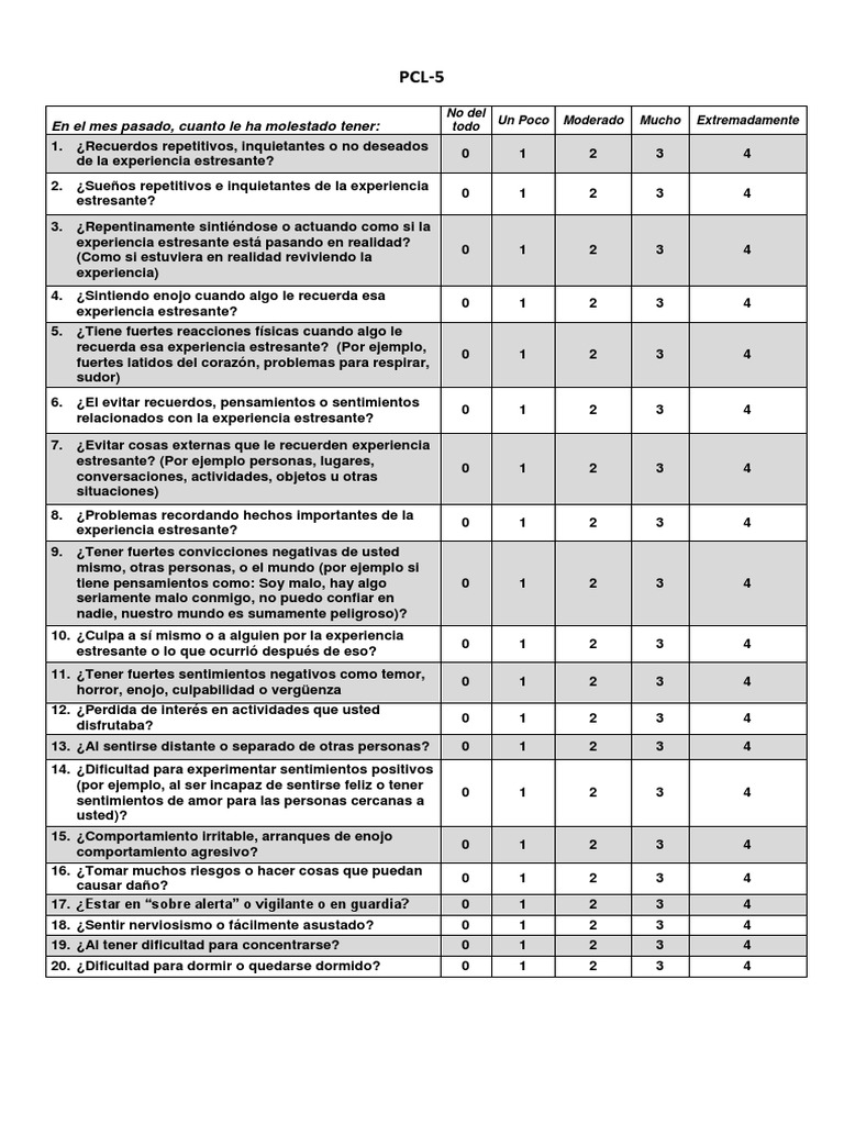 Escala PCL-5 para Evaluación PTSD | PDF | Ira | Sicología