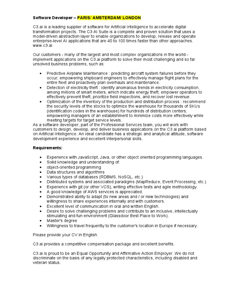 Software Developer C3Ai Paris Amsterdam London | PDF | Artificial ...