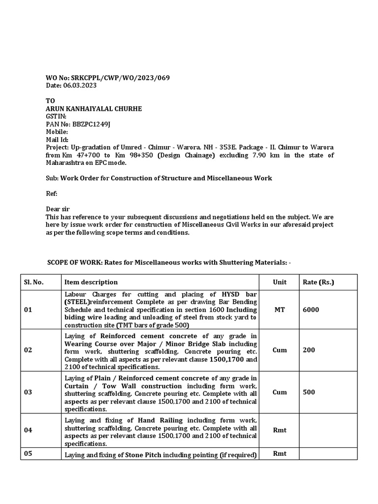 Work Order for NH-353E Construction | PDF | Concrete | Invoice