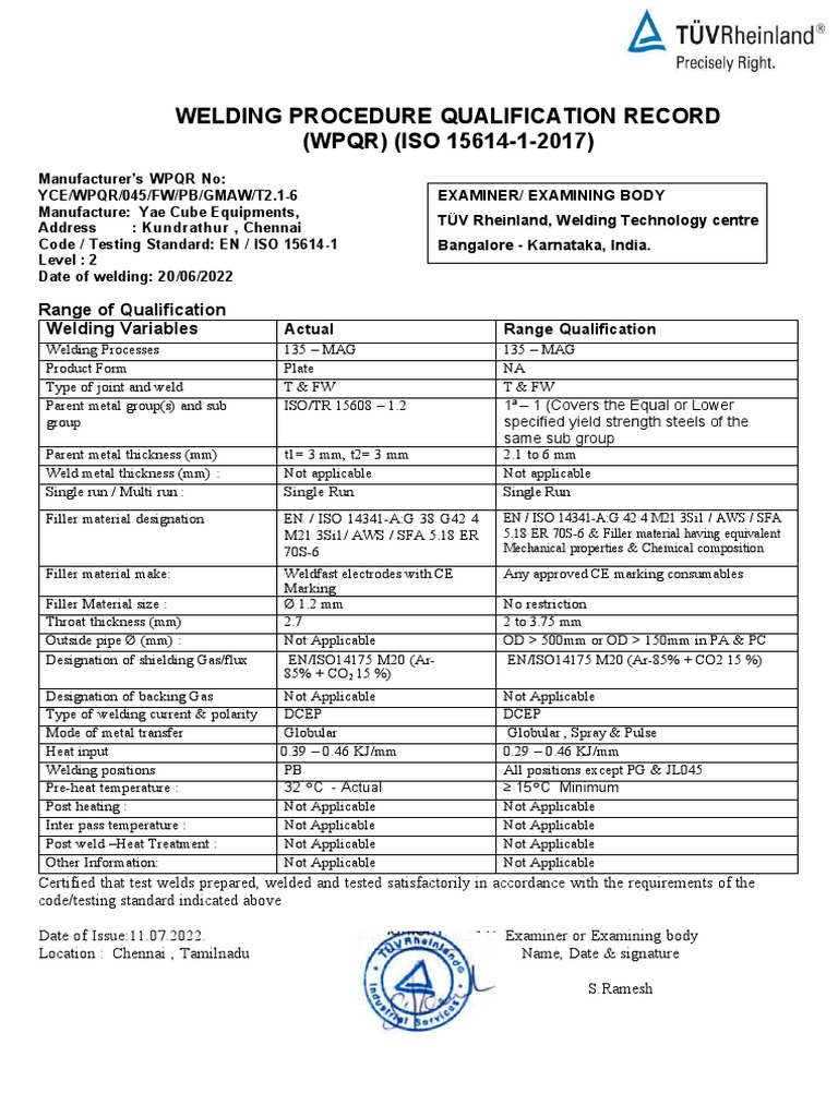 Welding Procedure Qualification Record (WPQR) (ISO 1561412017) PDF