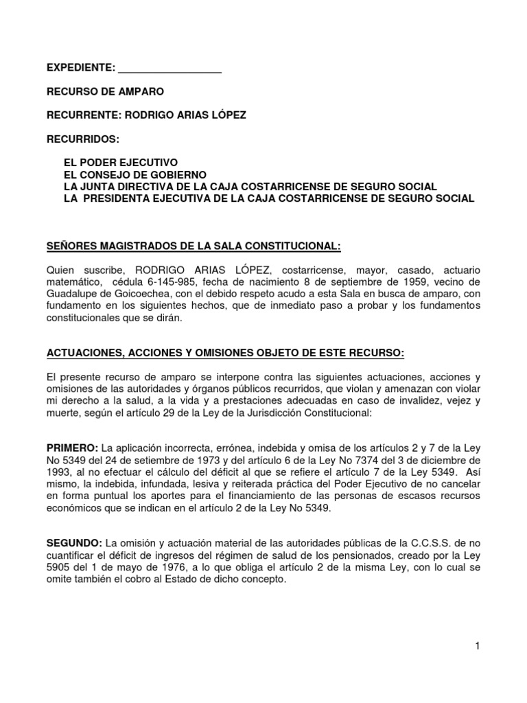 Recurso de Amparo en Costa Rica | PDF | Seguro | Pensión