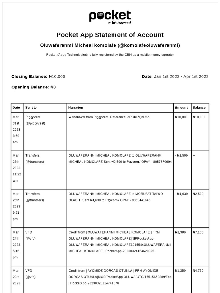 Pocket App Statement of Account: Oluwaferanmi Micheal Komolafe ...
