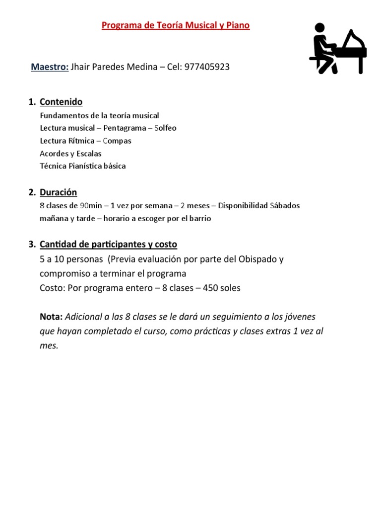 Plan de Clases de Piano y Teoría Musical | PDF | Arte