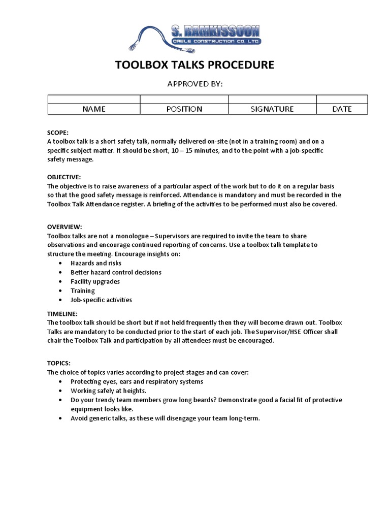 Toolbox Talks Procedure | PDF | Occupational Safety And Health | Safety