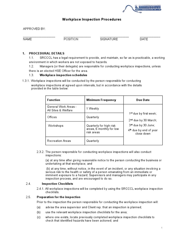 Workplace Inspection Procedure PDF Occupational Safety And Health