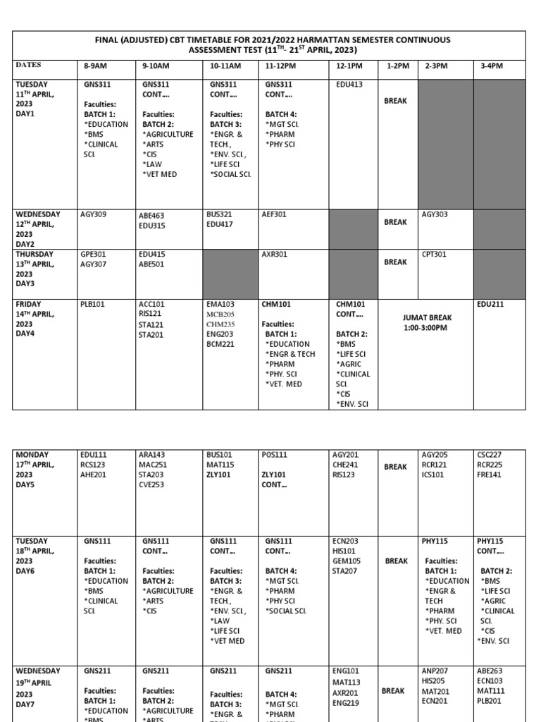 Adjusted timetable for continuous assessment tests taking place from