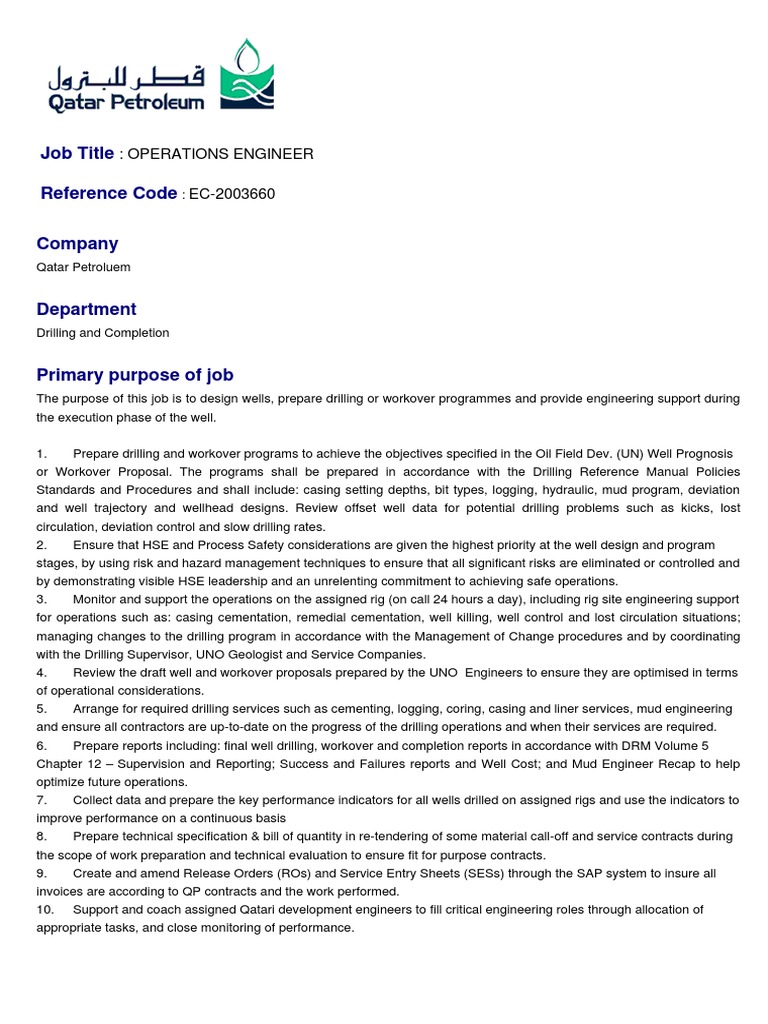 Operations Engineer Role At Qatar Petroleum Pdf Oil Well Engineering