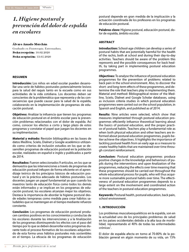 Higiene Postural y Prevención en Escolares | PDF | Dolor lumbar ...