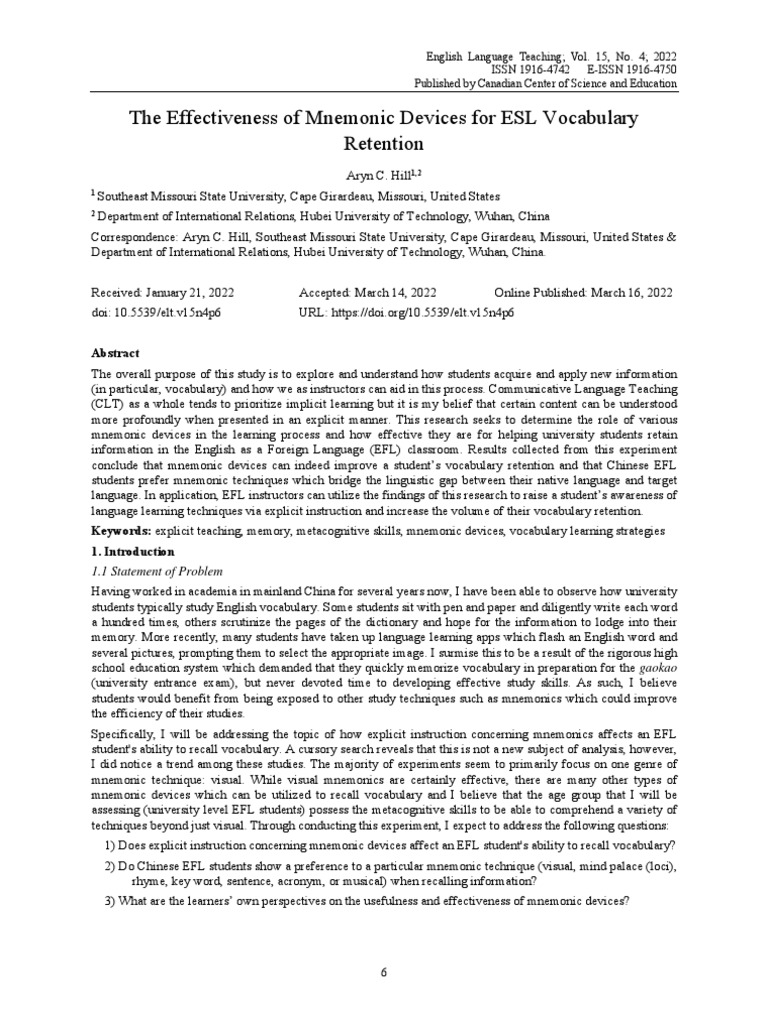 The Effectiveness of Mnemonic Devices For ESL Vocabulary Retention ...