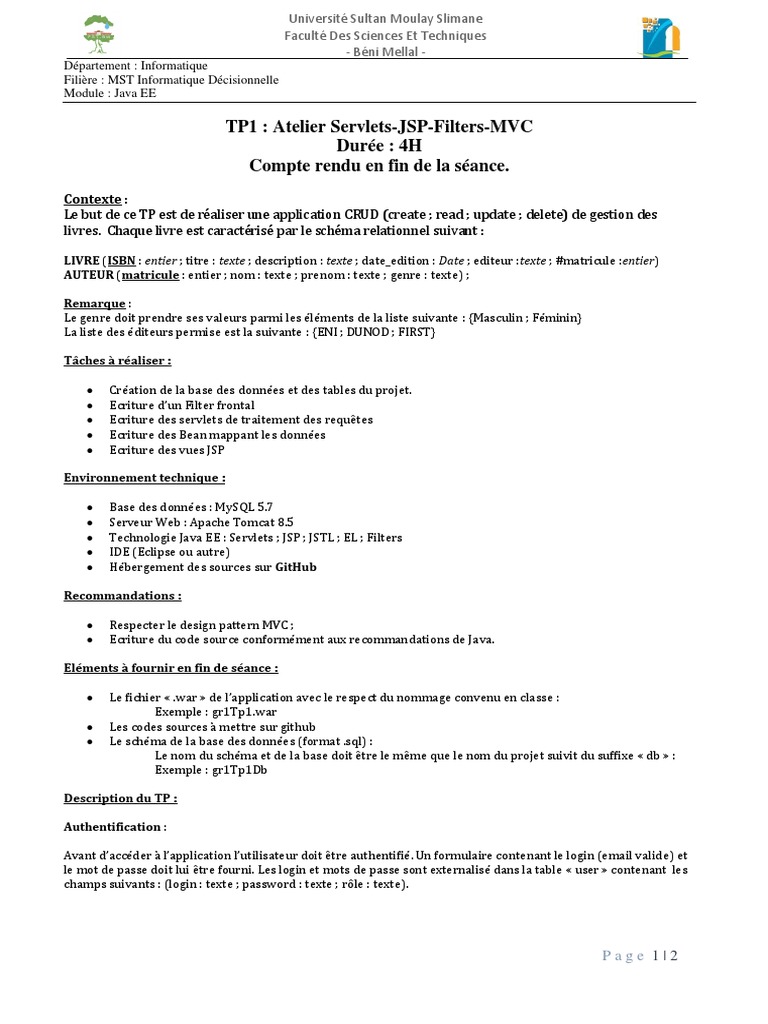 Atelier CRUD avec Servlets et JSP | PDF | Mot de passe | Java (Langage ...