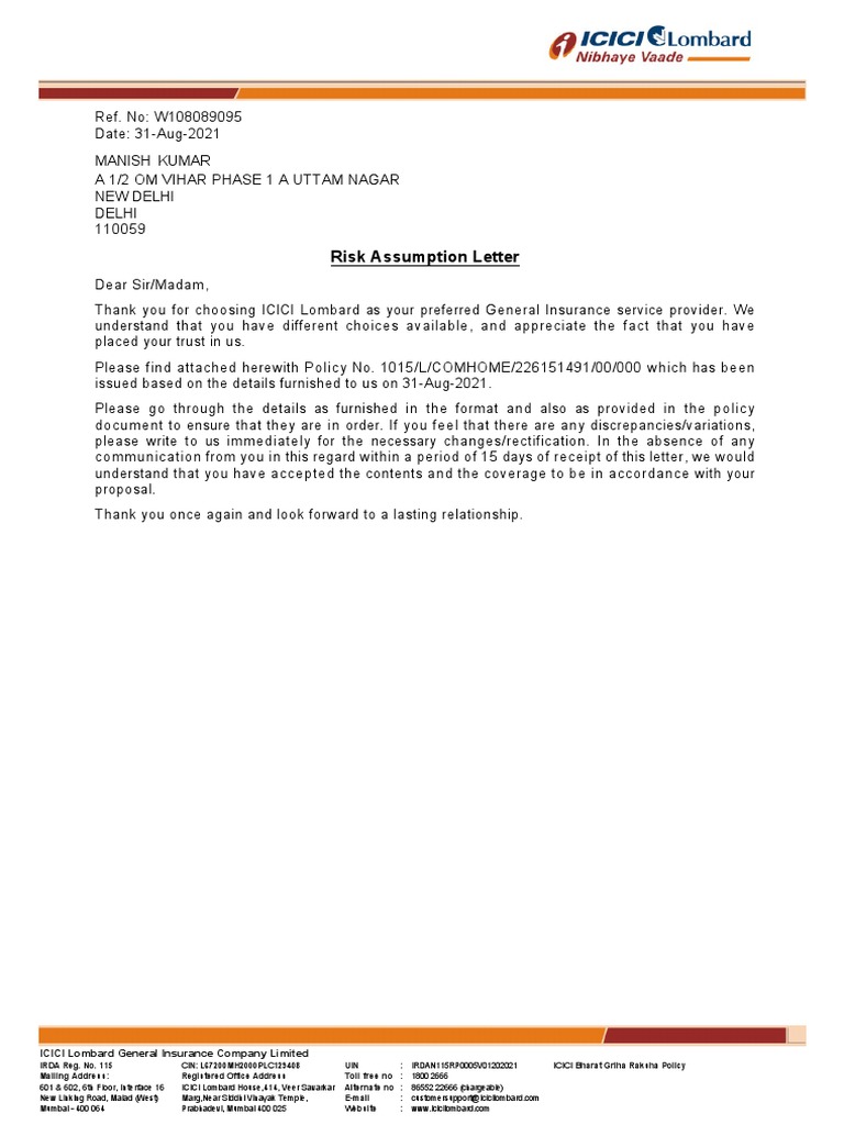 Risk Assumption Letter Manish Kumar PDF Insurance Financial Services