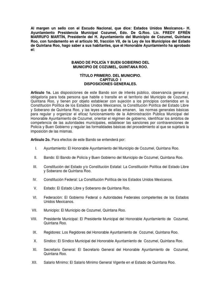 Bando de Policia y Buen Gobierno de Cozumel | PDF | Gobierno local ...