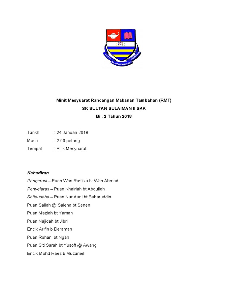 Minit Mesyuarat RMT SK Sultan Sulaiman II | PDF