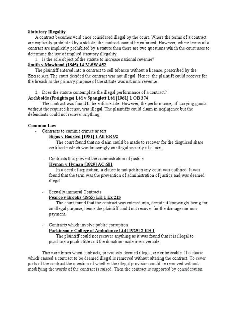 Understanding Statutory Illegality in Contracts | PDF | Common Law ...