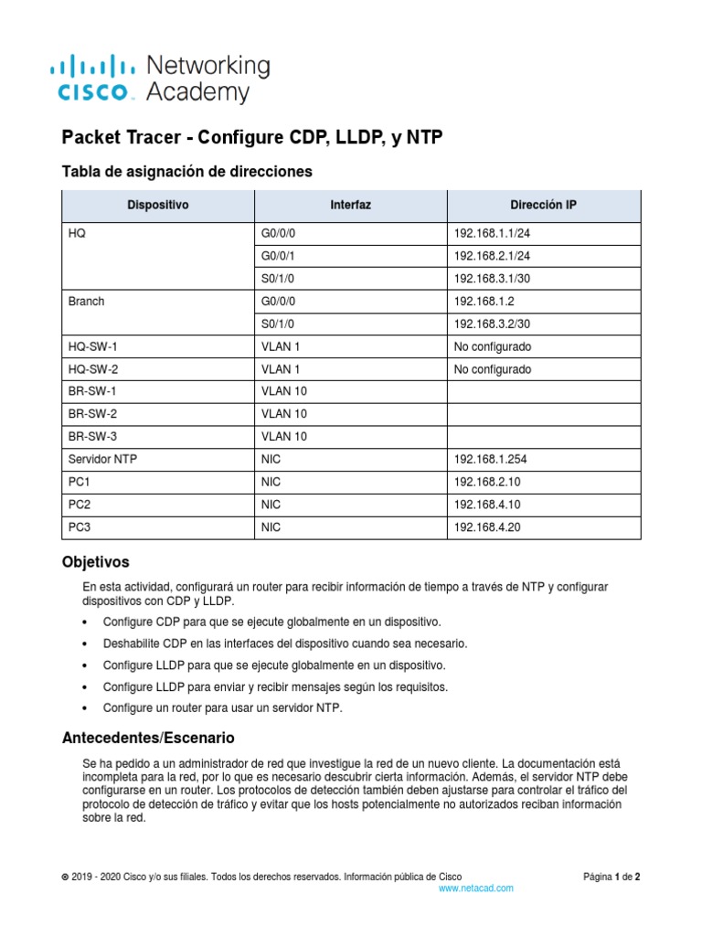 10.8.1 Packet Tracer - Configure CDP LLDP and NTP Instructions - Es XL ...