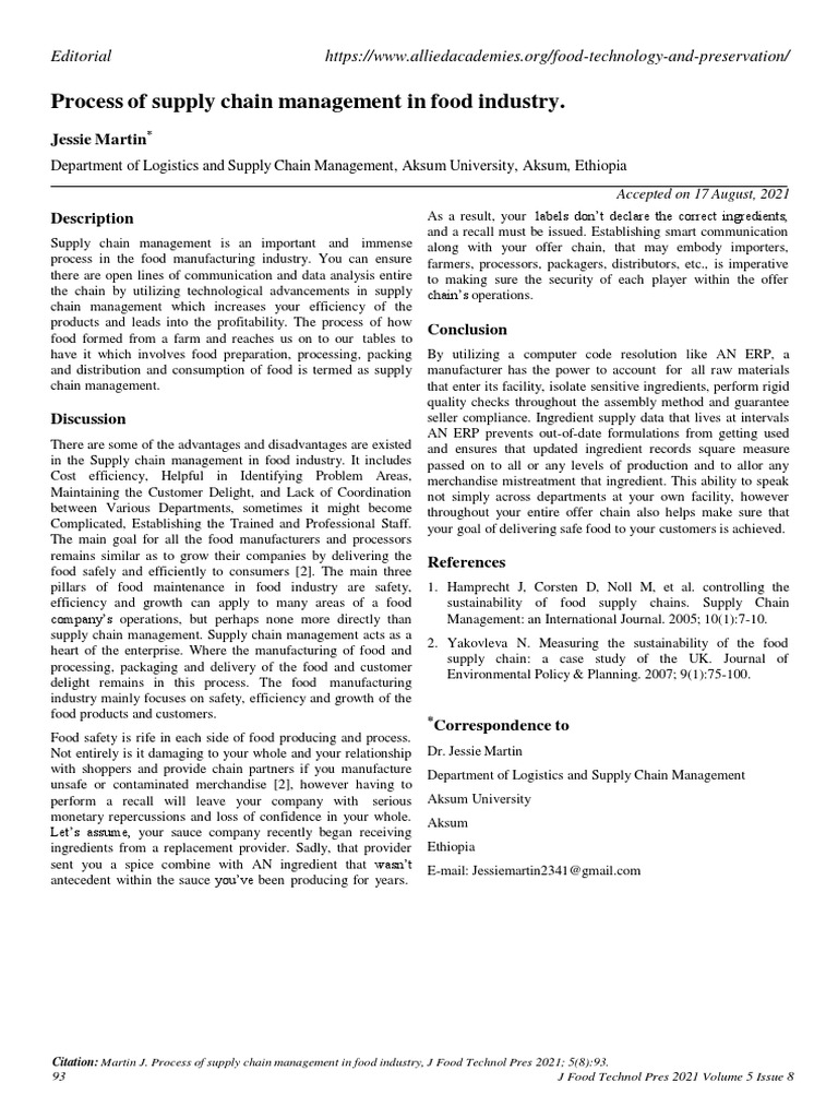 Process of Supply Chain Management in Food Industry PDF Supply