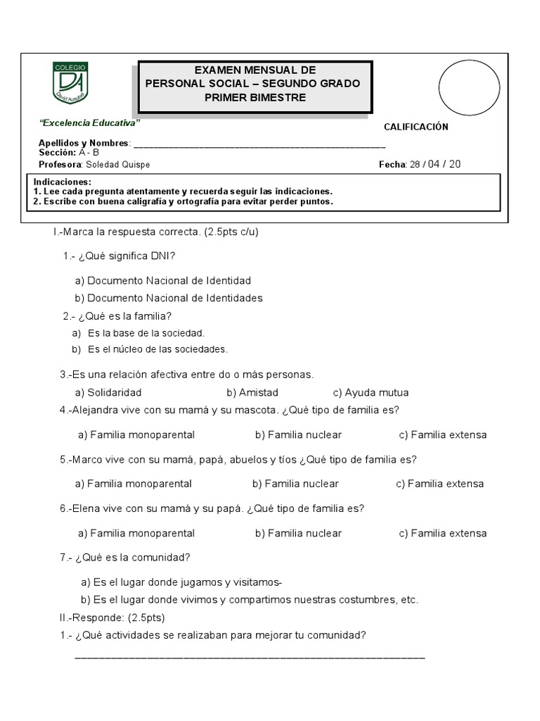 Examen de Personal Social | PDF