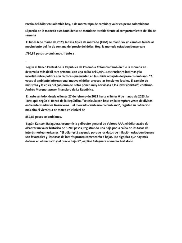 Precio Del Dólar en Colombia Hoy PDF