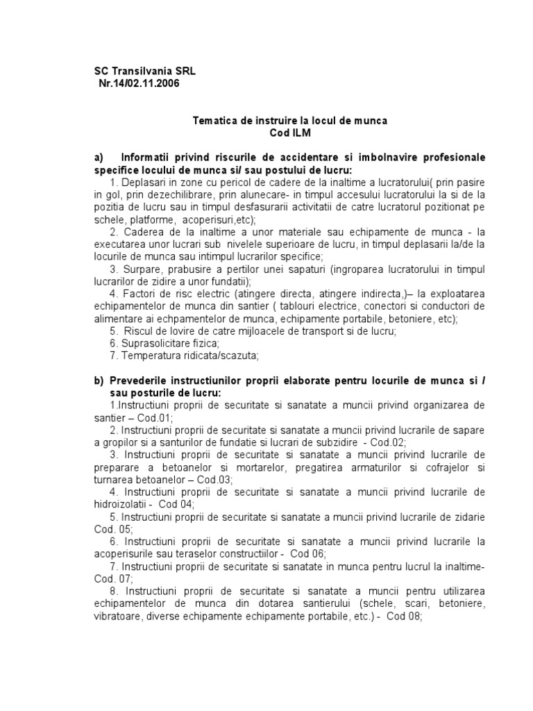 Tematica Instruire La Locul de Munca ILM | PDF