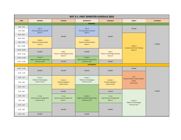 Bsit 2-1, First Semester Schedule 2022: Time Monday Tuesday Wednesday ...