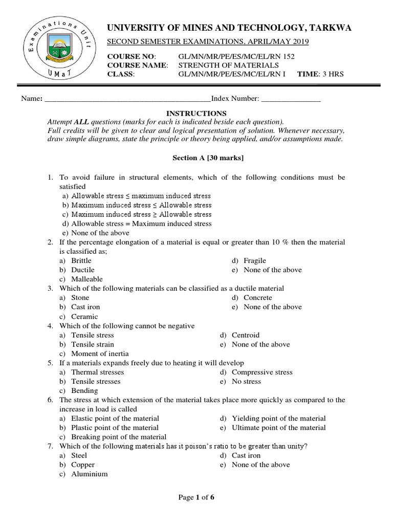 Strength of Materials Exam Questions | PDF | Young's Modulus | Yield ...