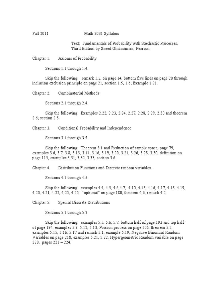 Math 3031 Fall 2011 Syllabus | PDF | Probability Theory | Stochastic ...