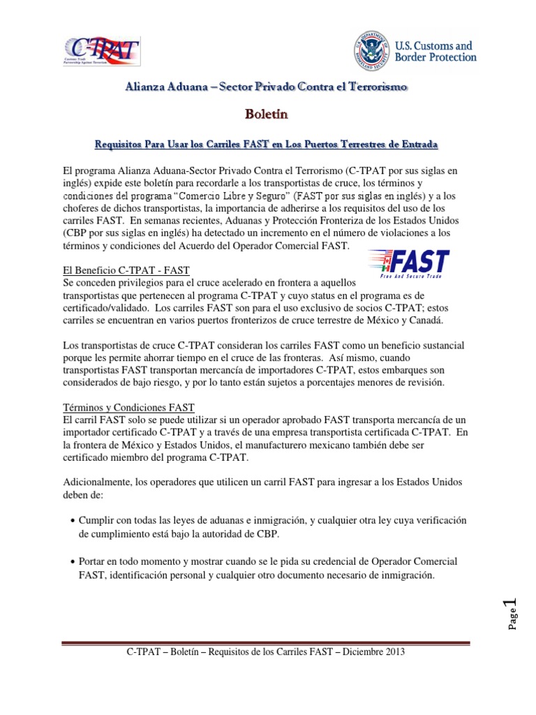 Requisitos para Carriles FAST C-TPAT | PDF | Aduanas y Protección de ...