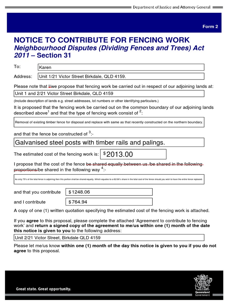 Notice To Contribute For Fencing Work Neighbourhood Disputes (Dividing Fences and Trees) Act