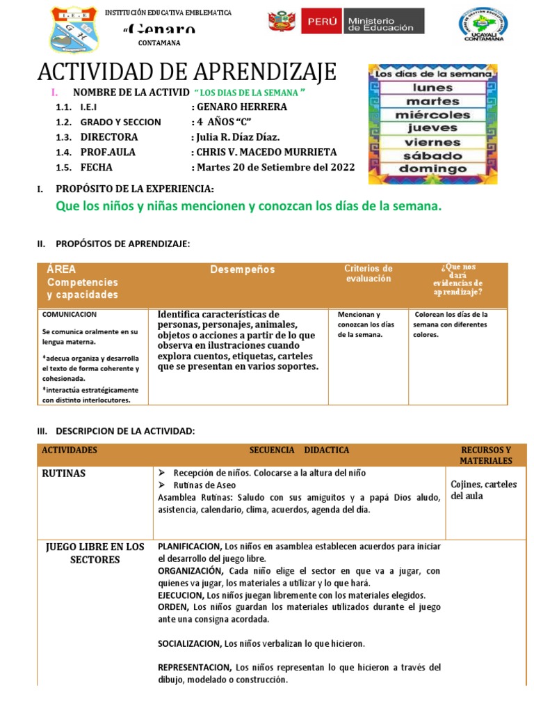 Actividades para aprender los días de la semana | PDF