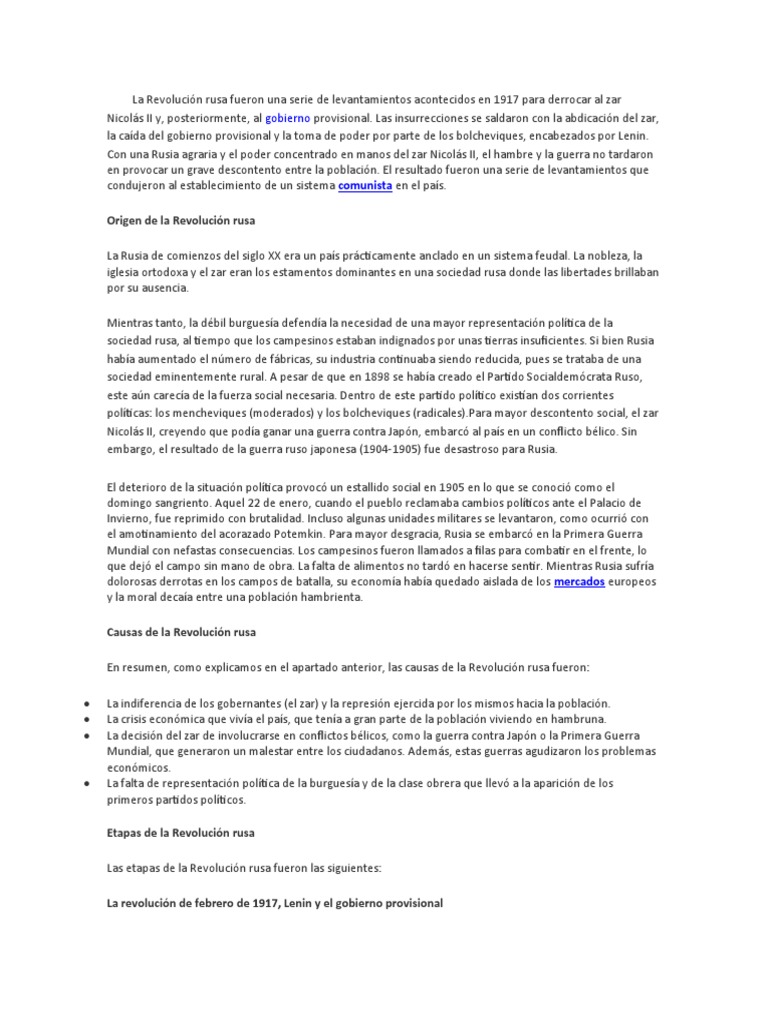 Causas y etapas de la Revolución rusa | PDF | Primera Guerra Mundial ...