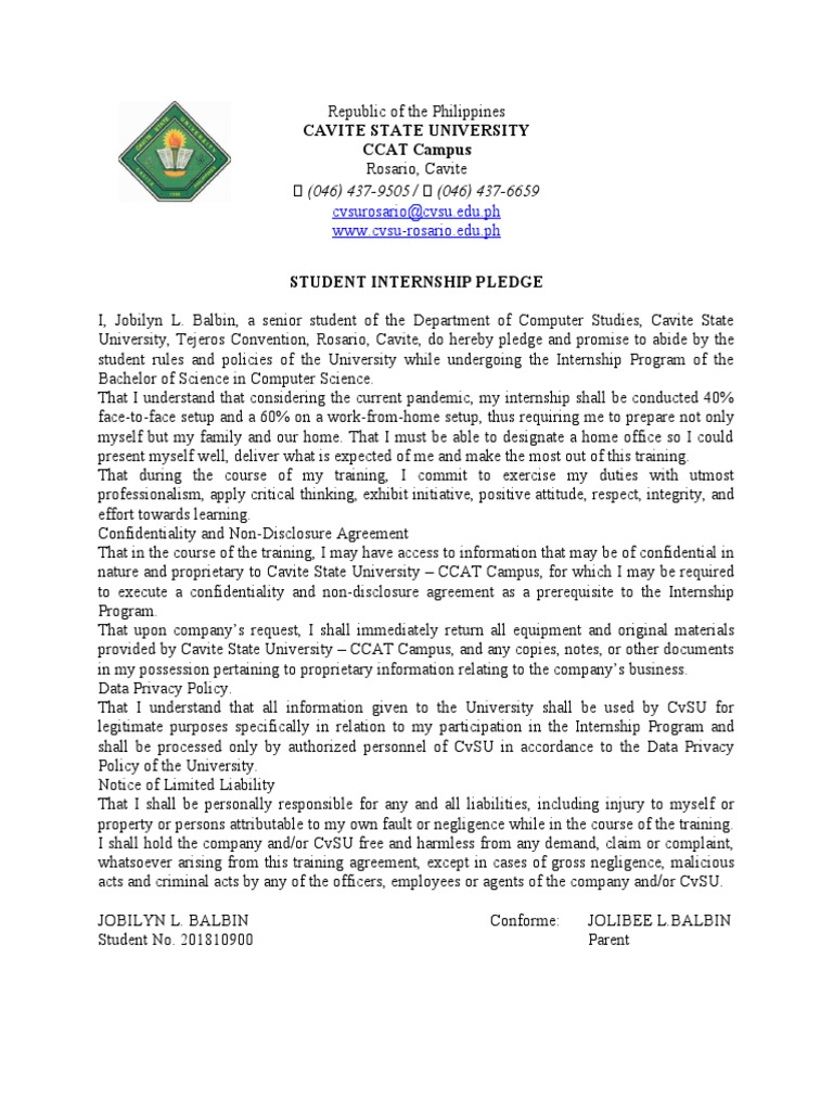CvSU CCAT Campus Internship Pledge | PDF | Confidentiality | Privacy