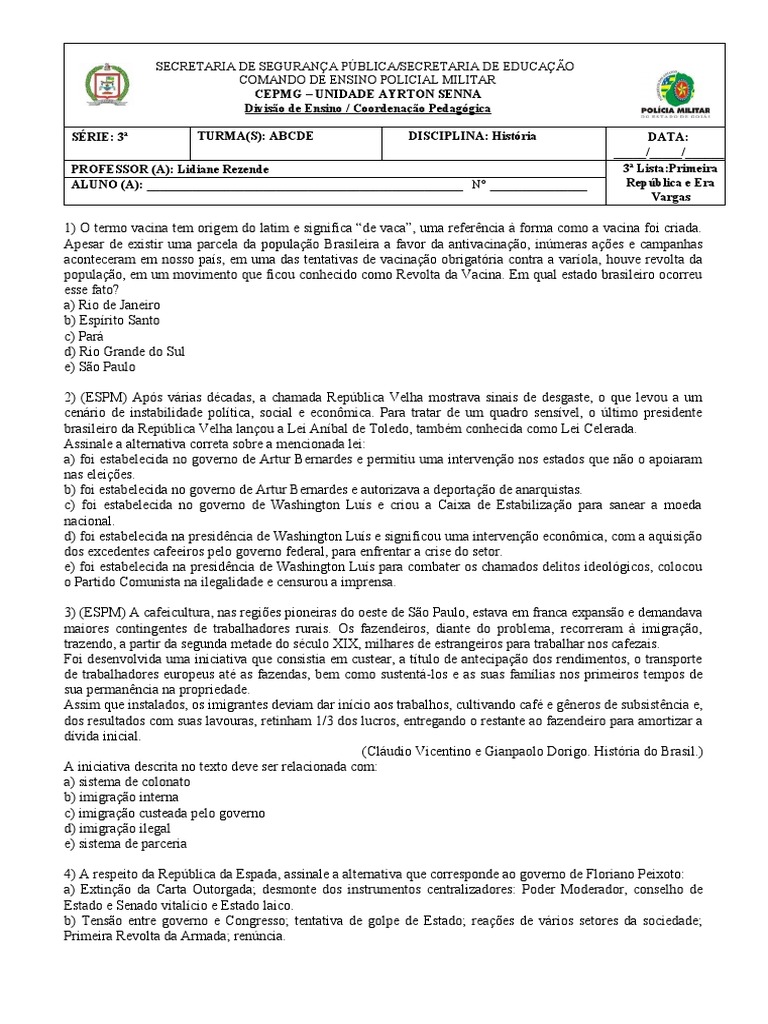3 Lista de Exercícios - Primeira República e Era Vargas | PDF | Brasil ...