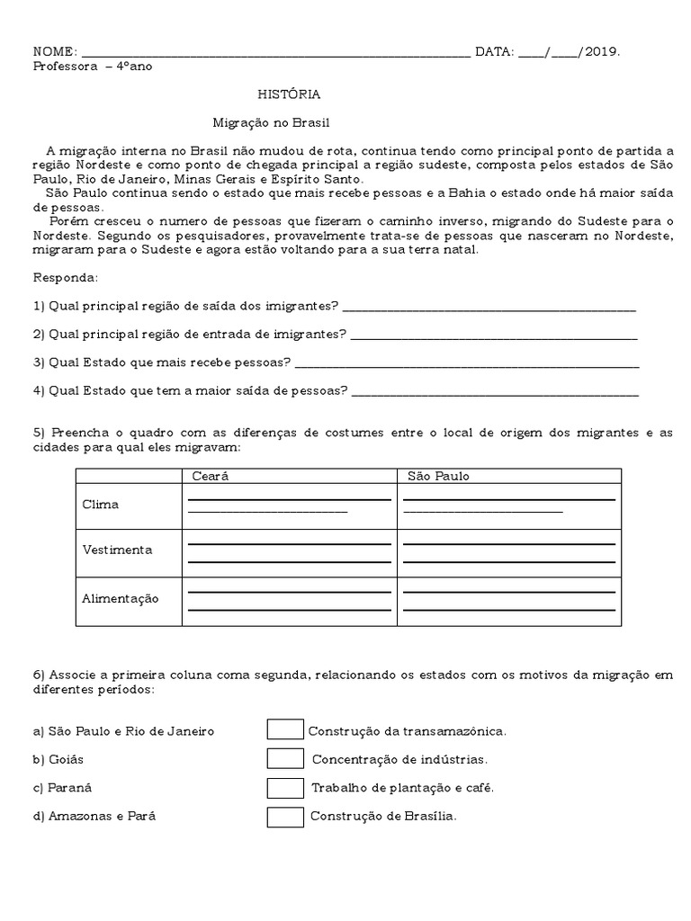Atividades sobre Migração no Brasil 4º Ano | PDF | Imigração | Brasil
