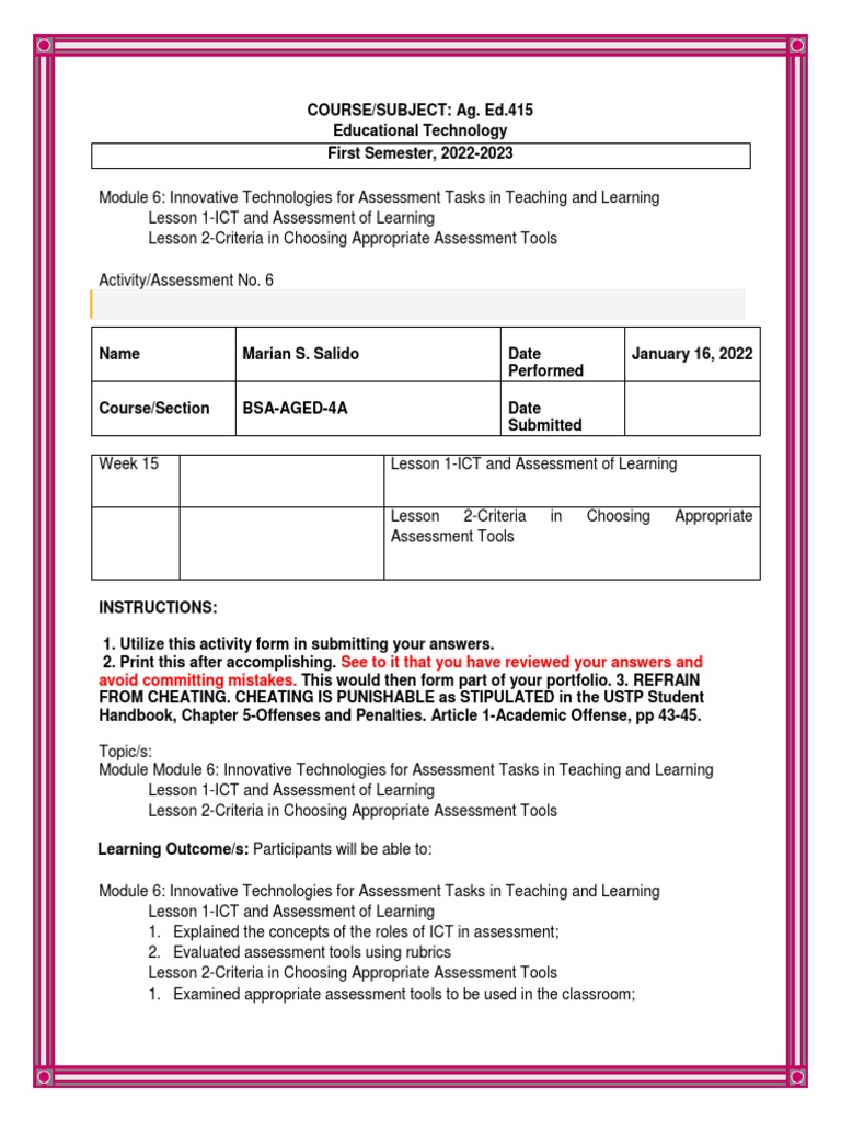 Unit 6 Activity 6 Pdf Educational Technology Educational Assessment