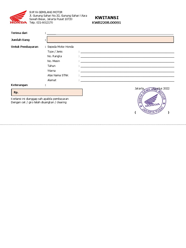 Kwitansi Surya Gemilang Motor | PDF | Pengelolaan Keuangan & Uang