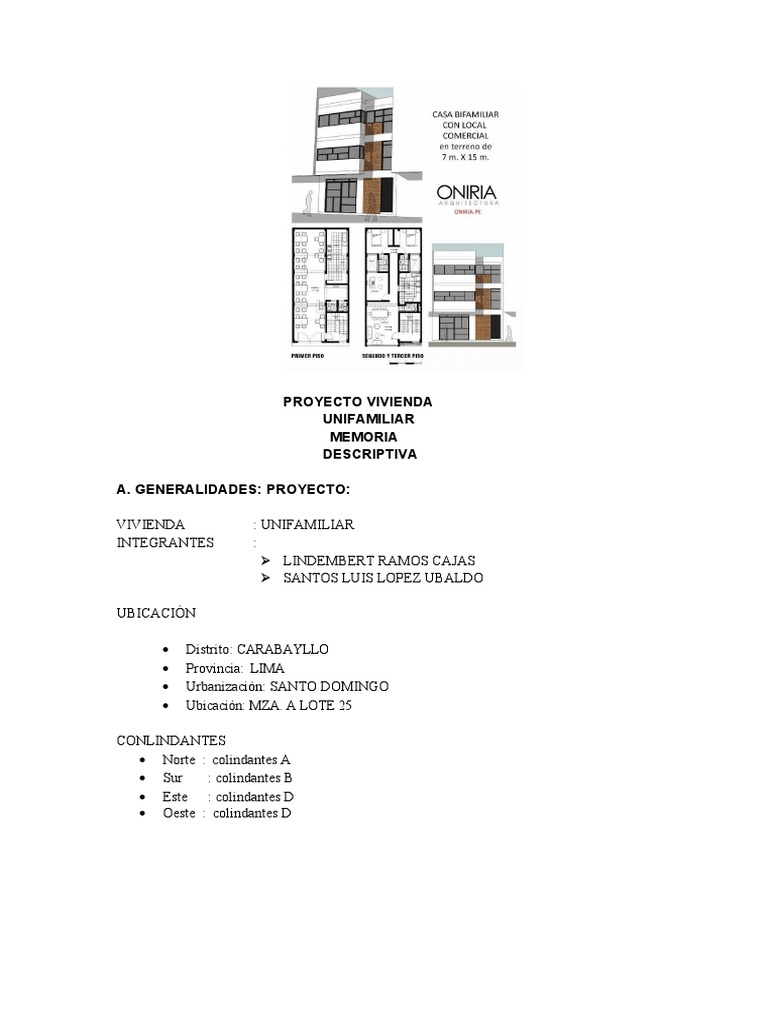 Proyecto Vivienda Unifamiliar Memoria Descriptiva | PDF | Elementos ...