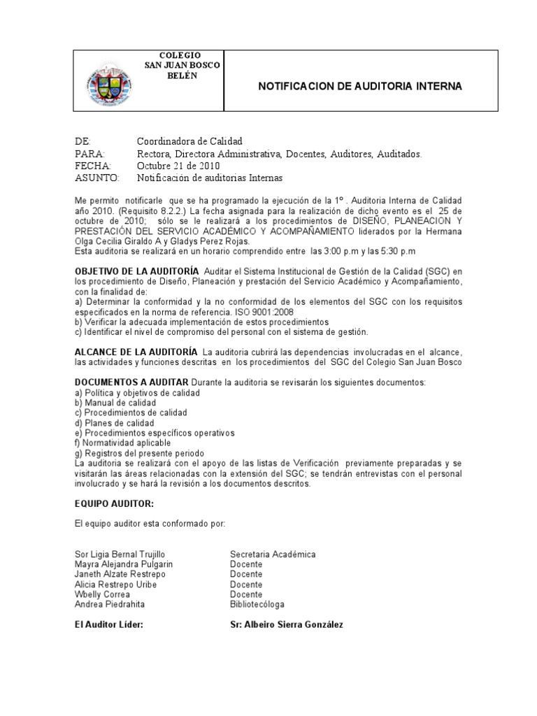 Notificacion de Auditoria Interna