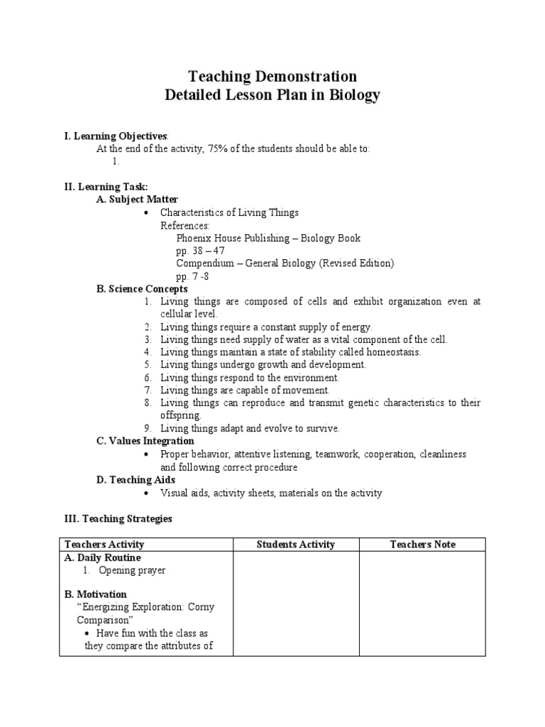 Daily Lesson Plan: Living Things in Biology | PDF | Life | Biology