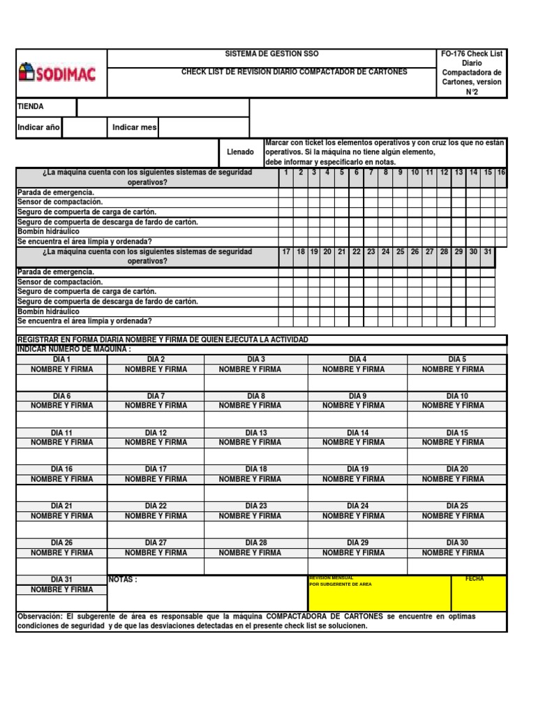 Check List Diario Compactadora Cartones | PDF