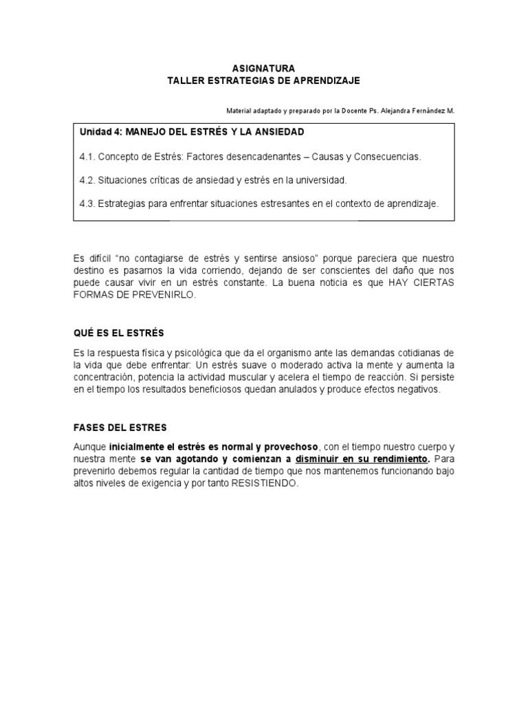 Unidad 4 Manejo Del Estrés Y La Ansiedad Pdf Estrés Biología