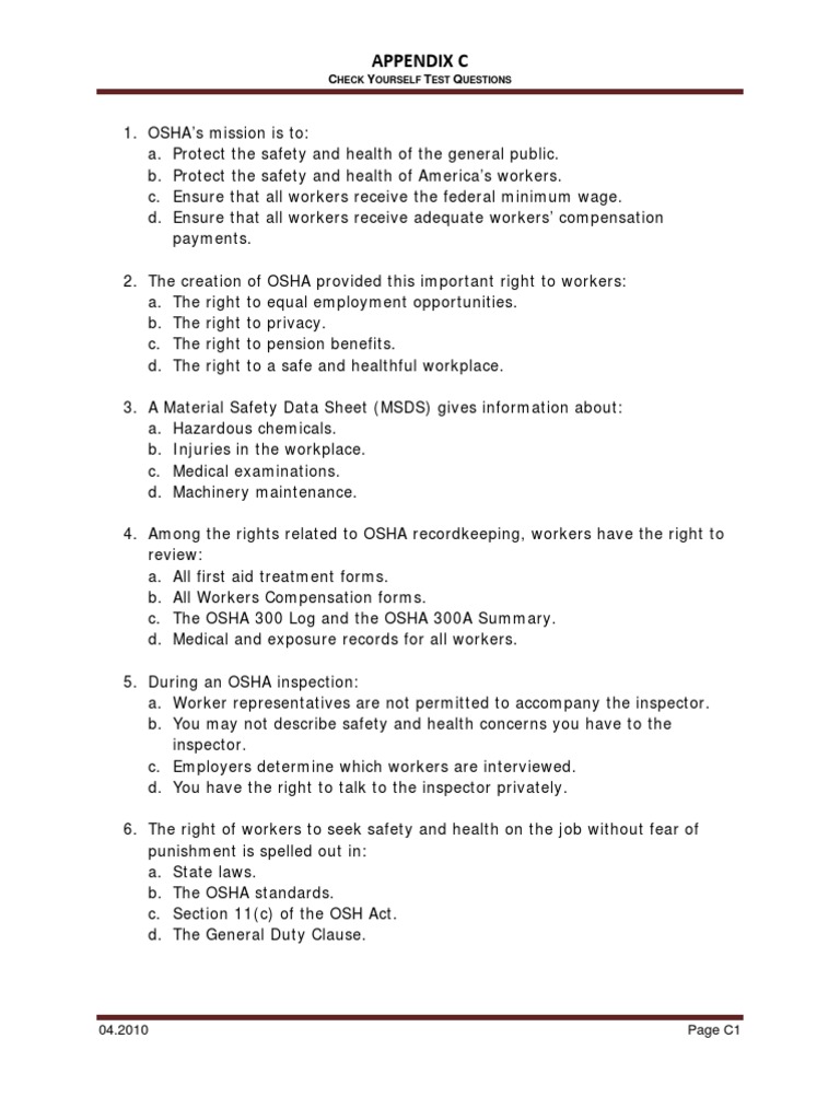 Self Assessment Occupational Safety And Health Administration 