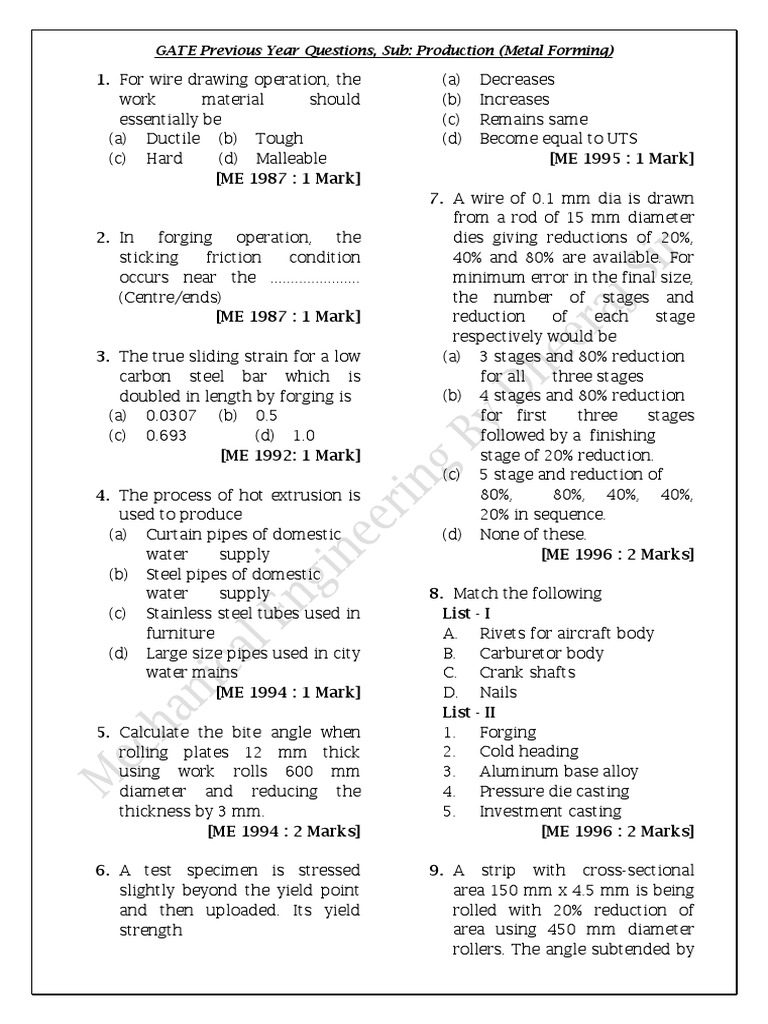 Metal forming me gate 2020 previous year with ans key pdf