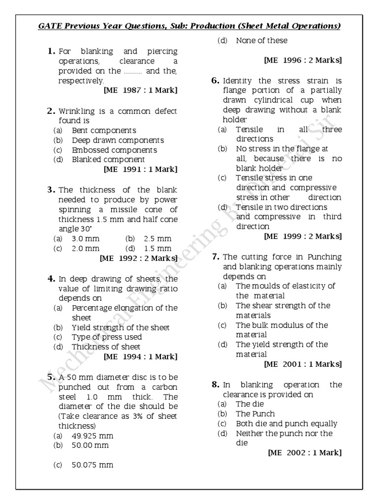 Sheet metal operations me gate 2020 previous year with ans key pdf