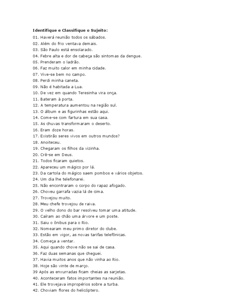 Identifique E Classifique O Sujeito Haverá Reunião Todos Os Sábados